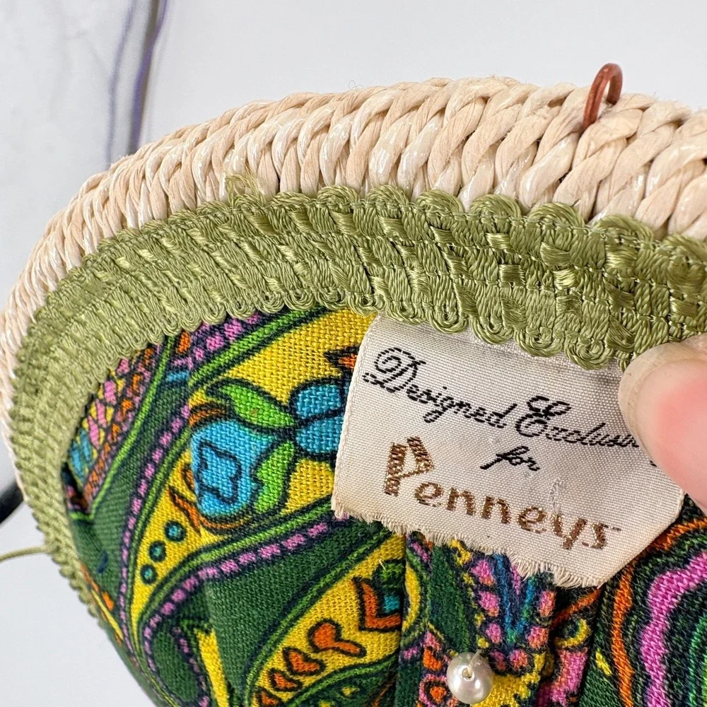 Vintage 1960s Sewing Woven Basket Green Pink  Paisley Fabric Handle Tray Japan